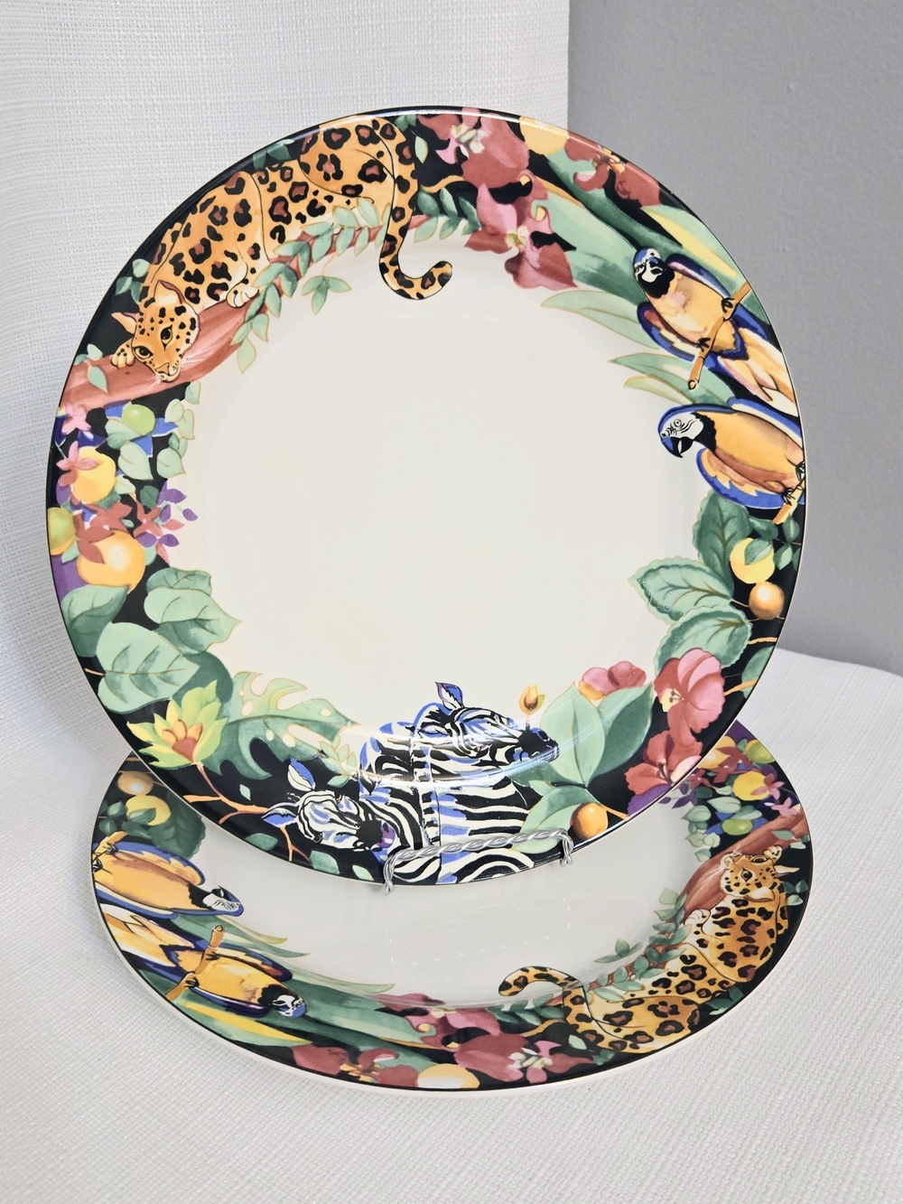 Rain Forest Dinner Plates Vitromaster Jungle Zebra Jaguar Zipkin Set Of 2